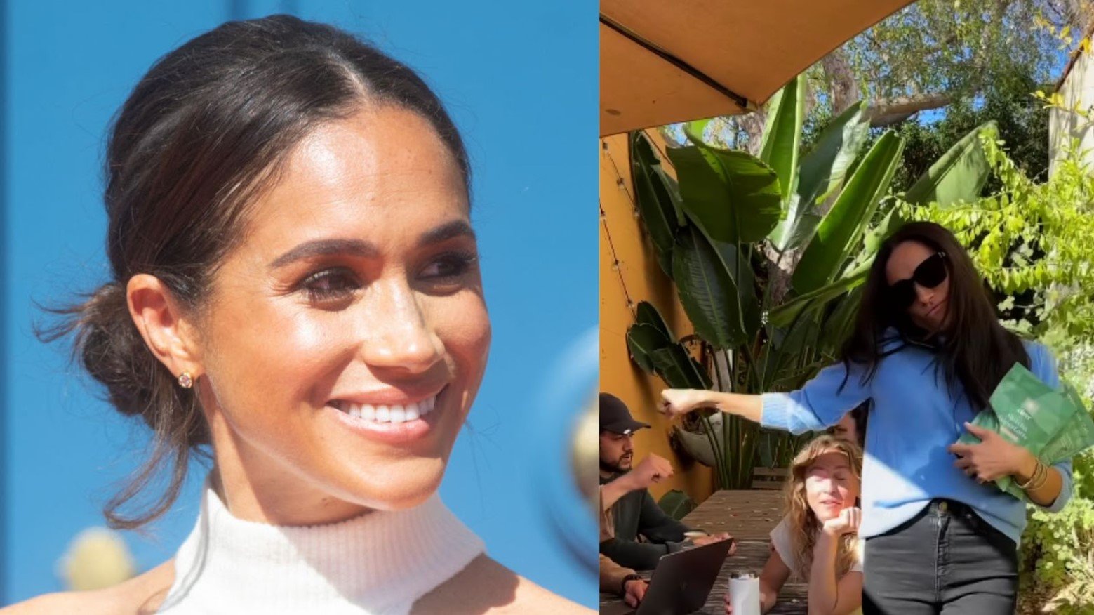 Megan Markle smiling at event/Megan Markle makes an appearance in an Instagram video