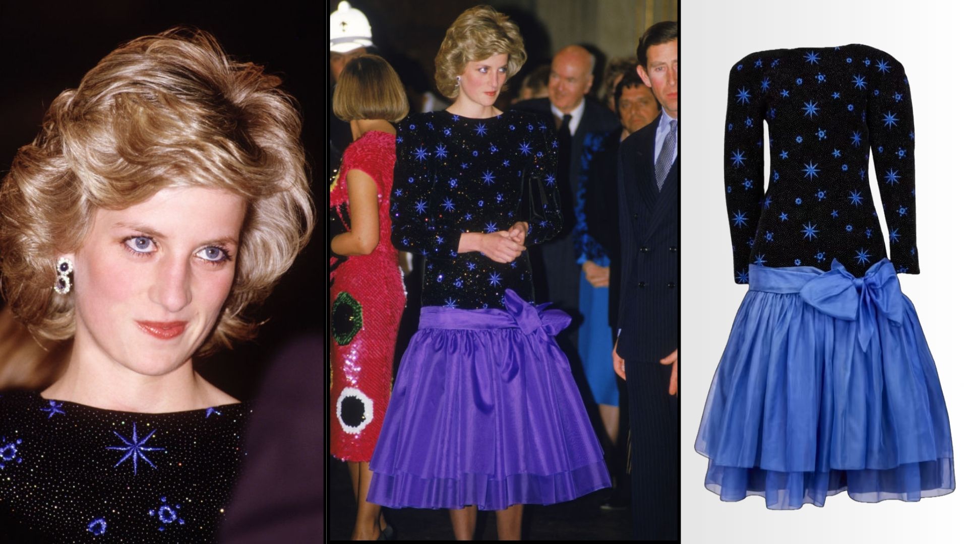 Princess Diana wearing a ballerina-length evening dress by Moroccan-British fashion designer, Jacques Azagury