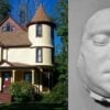 A Victorian home (left) is pictured next to a “death mask” plaster cast (right).