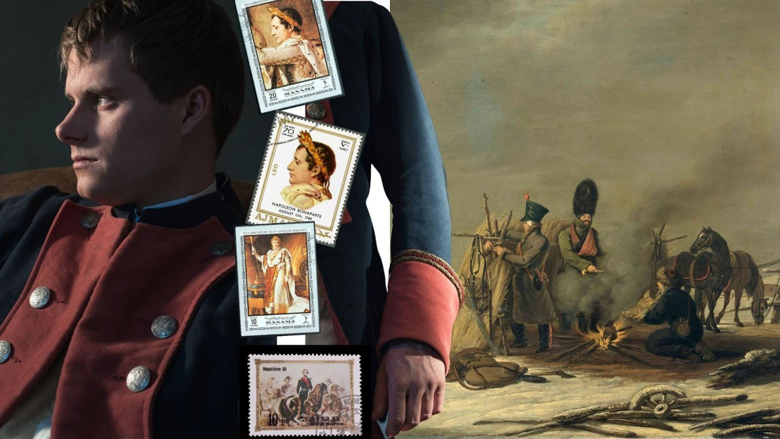 A montage of Napoleon is shown, as well as related stamp imagery and a side shot of his famed general’s coat.