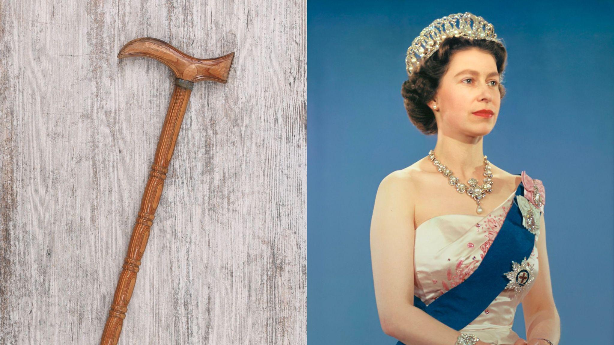 A walking stick is shown against a neutral background (left) and Queen Elizabeth the II is shown (right)