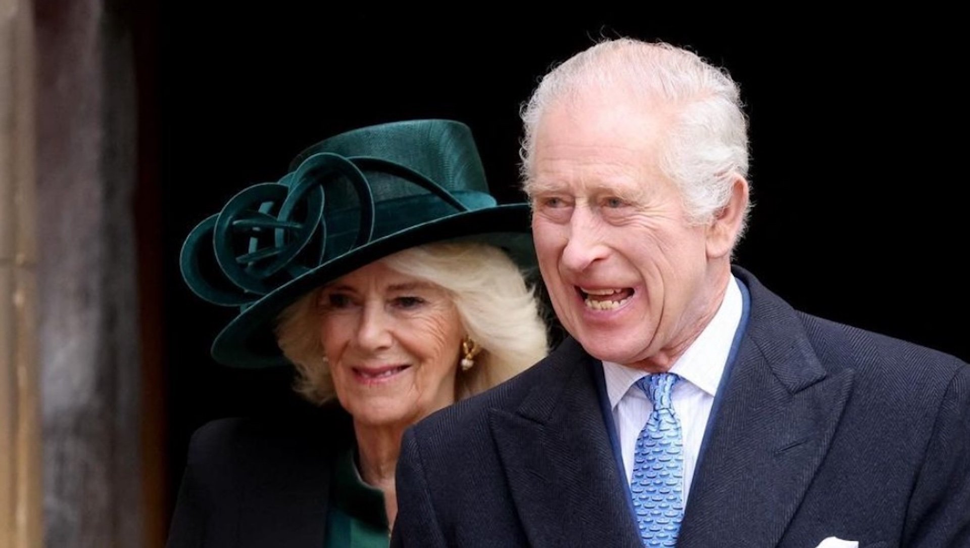 King Charles III and Queen Camilla walking into church for Easter Service