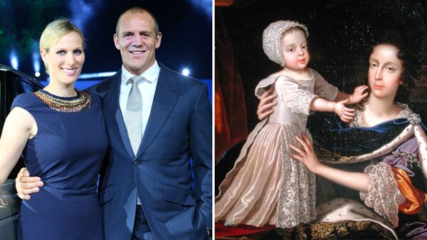A side-by-side image of Zara and Mike Tindall at an event and a painting of Queen Mary of Modena and Prince James